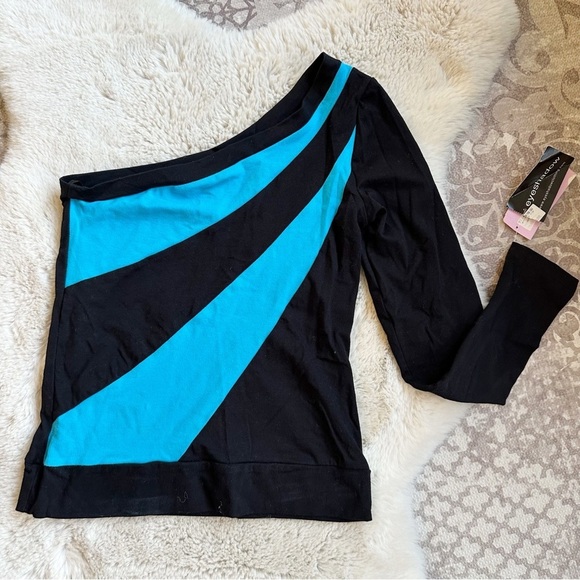 Vintage Y2K Eyeshadow Abstract Striped One Shoulder Retro Top Black Turquoise L - Picture 1 of 11